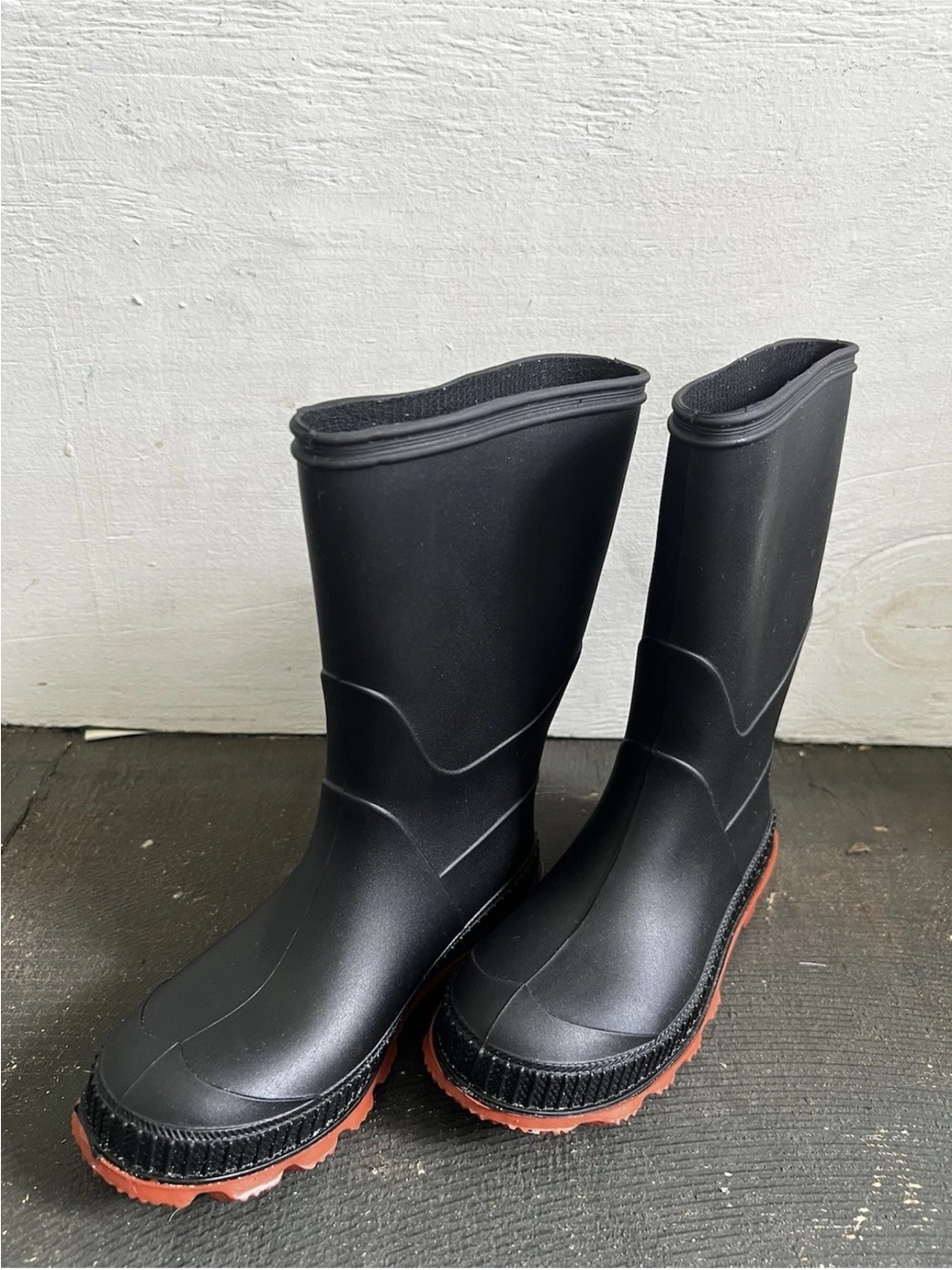 Unisex Kids Rubber Rain Boots Black/Brown Pull-On Mid-Calf Round Toe Size 13